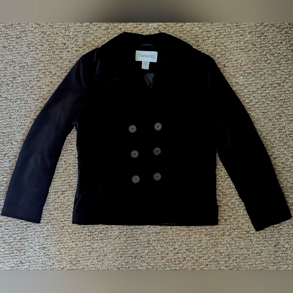 Black Velvet Double Breasted Jacket By Chadwick's Size Medium 100% Cotton